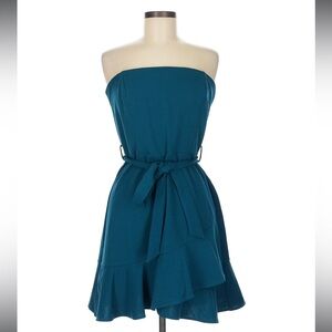 She + Sky | Strapless Cocktail Dress Teal Tie Waist Ruffle Size Small